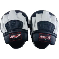 Arwut Fight Gear Black/White Leather Curved Focus Mitts -Boxing Promotions Store FMC1 WHT 2