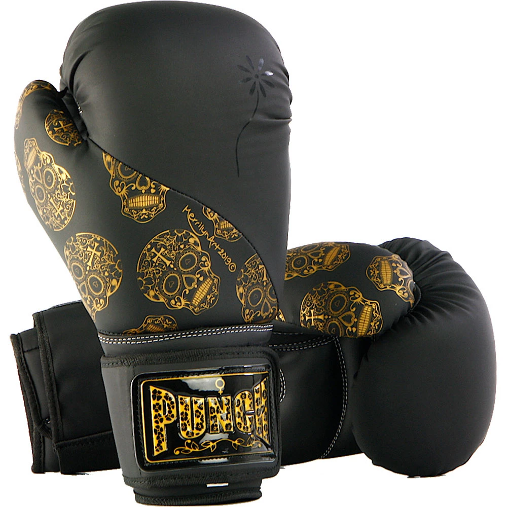 Punch Urban Black/Gold Skulls 12oz Womens Boxing Gloves 1 Punch Urban Black/Gold Skulls 12oz Womens Boxing Gloves